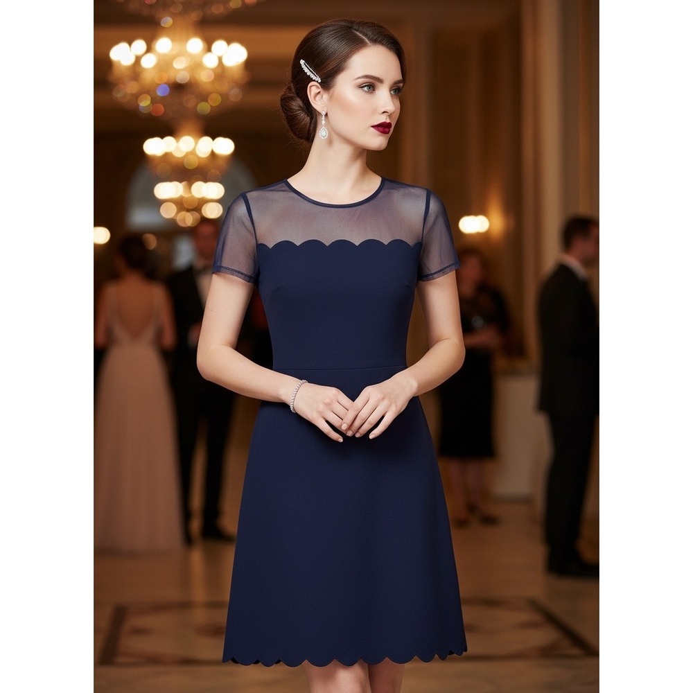 B.‎ Darlin Navy Blue Scalloped Mesh Illusion Fit & Flare Cocktail Dress Size 3/4